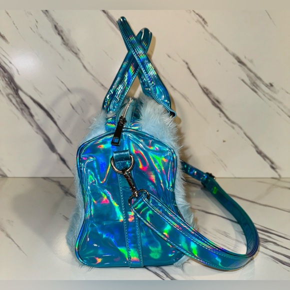 Rare Sugar Thrillz Small Blue Holographic Fur Duffel Bag Tote - Picture 5 of 12